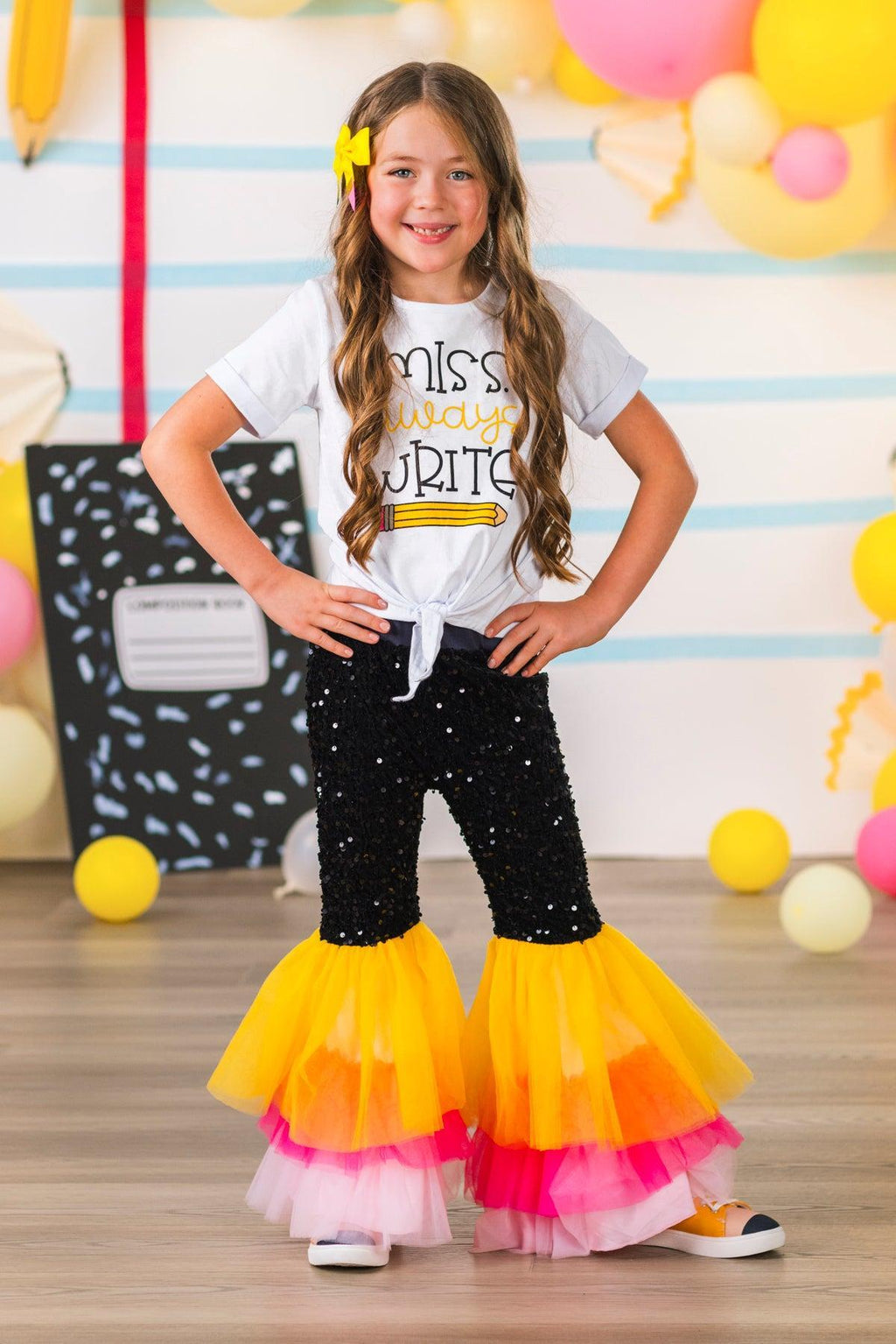 "Miss Always Write" Sequin Bell Bottom Set | Sparkle in Pink