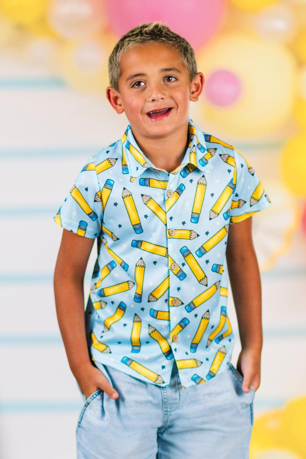 Blue Pencil & Star Button Down Top | Sparkle in Pink