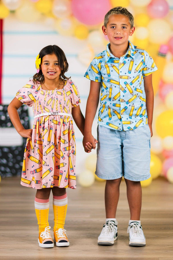 Blue Pencil & Star Button Down Top | Sparkle in Pink