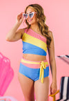 Mom & Me - Pink Yellow & Blue Striped Swimsuit | Sparkle in Pink