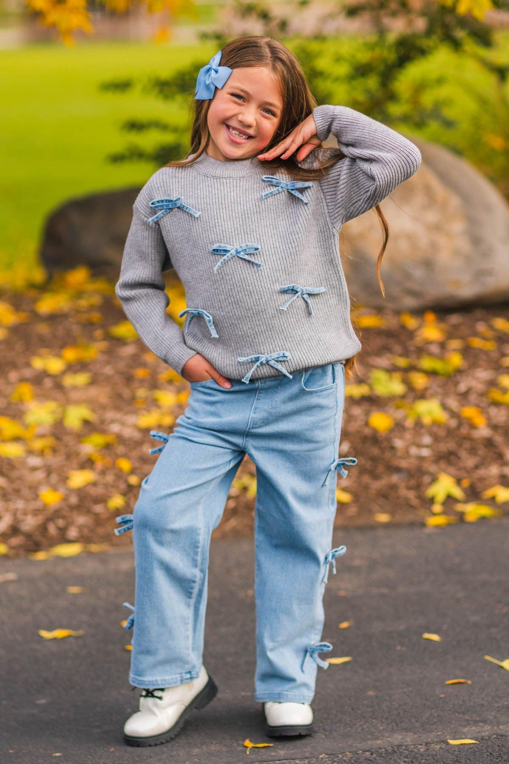 Mom & Me - Gray Bow Knit Sweater & Denim Pant Set