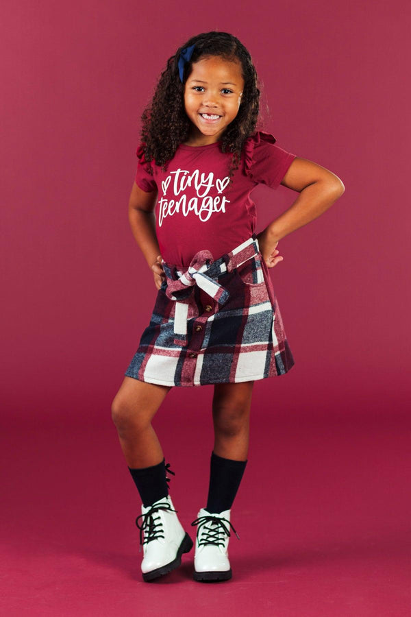 "Tiny Teenager" Burgundy Plaid Skirt Set | Sparkle in Pink