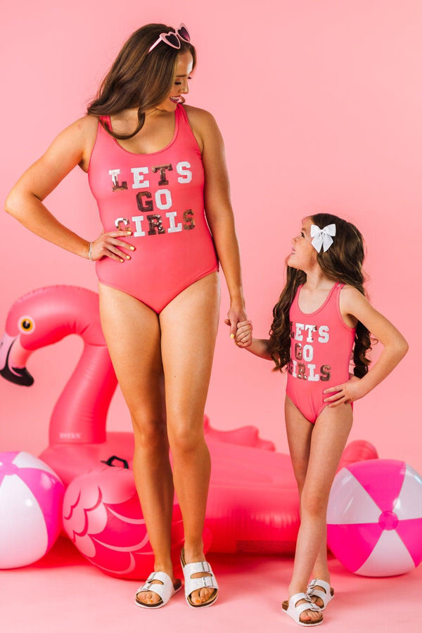 Mom & Me - "Let's Go Girls" One Piece Swimsuit | Sparkle in Pink