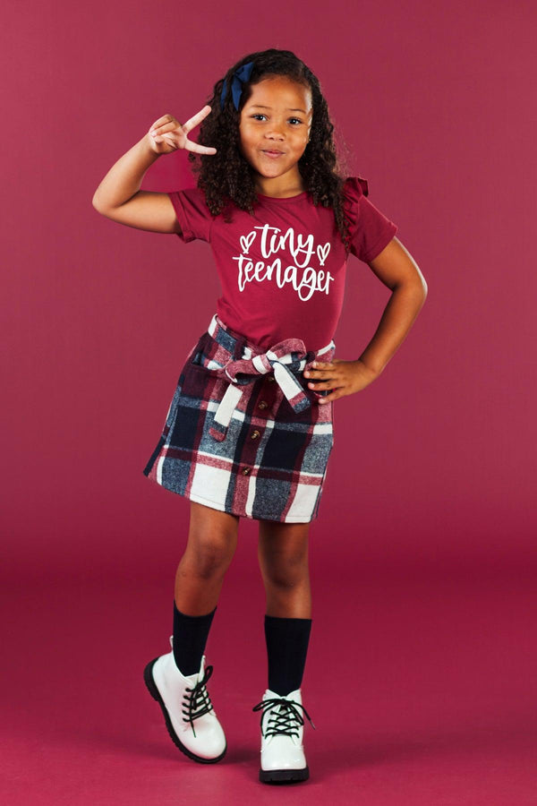 "Tiny Teenager" Burgundy Plaid Skirt Set | Sparkle in Pink