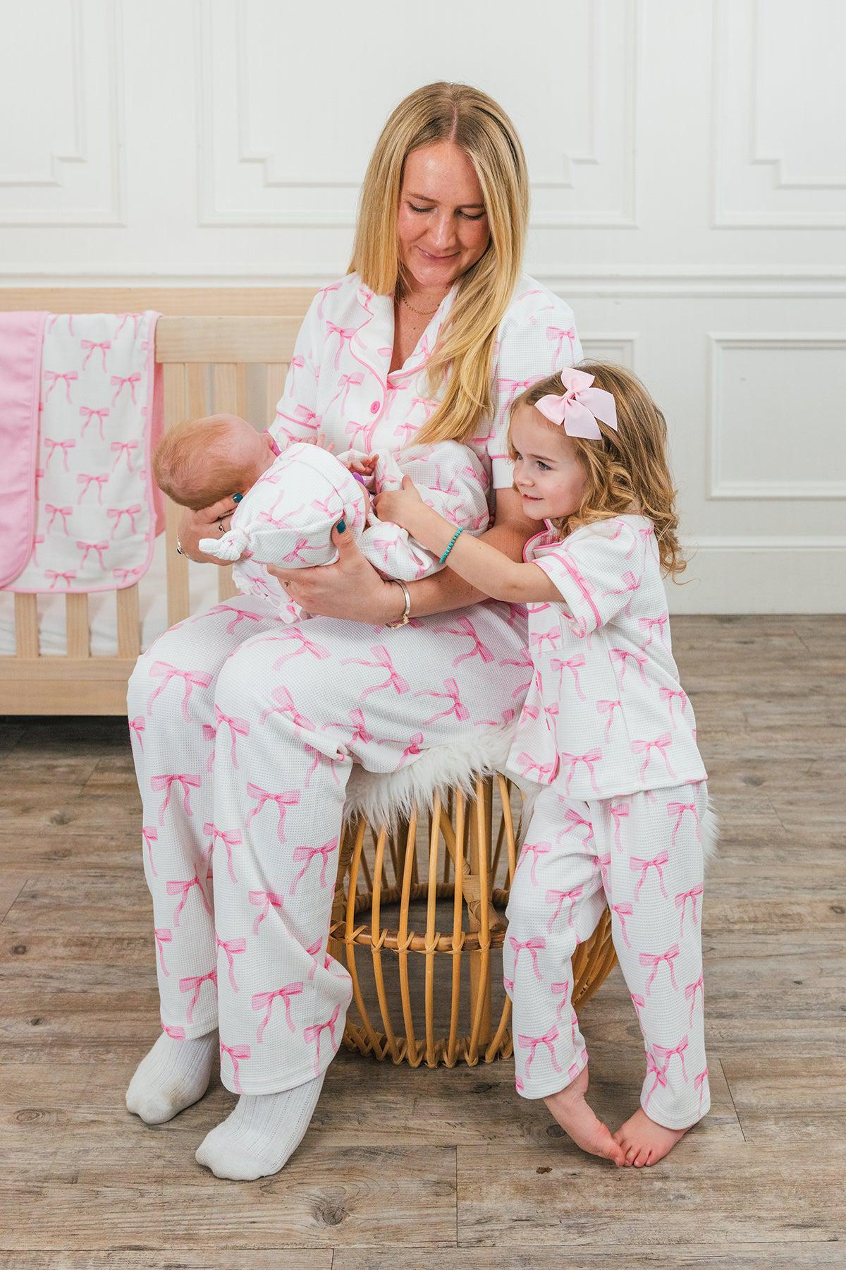 Blushing Bows Waffle Knit Pajamas Matching Mom Me Pajamas