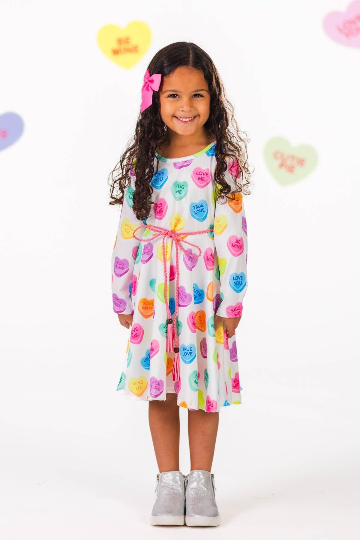 Candy Hearts Long Sleeve Dress | Girls' Valentine's Day Clothing  Sparkle  In Pink