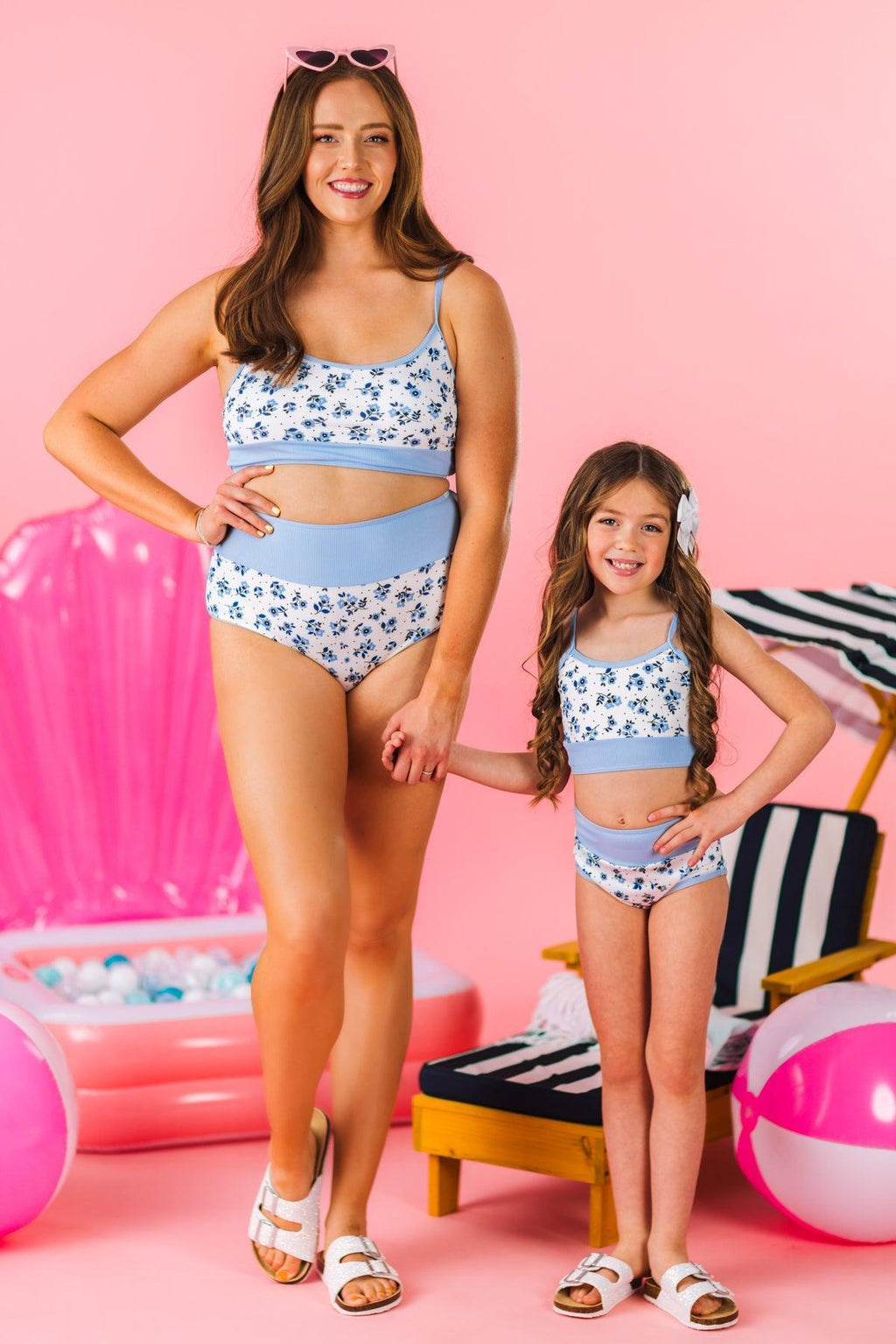 Mom & Me - Blue & White Ribbed Floral Bikini | Sparkle in Pink