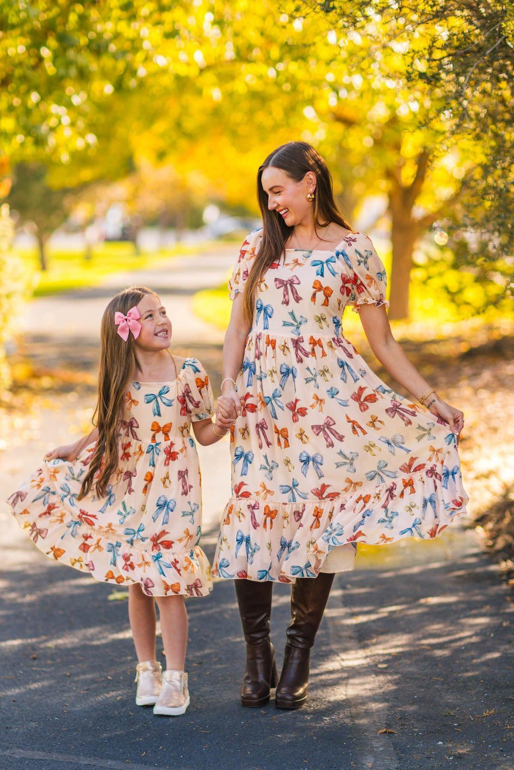 Mom & Me - Peachy Pink Bow Dress
