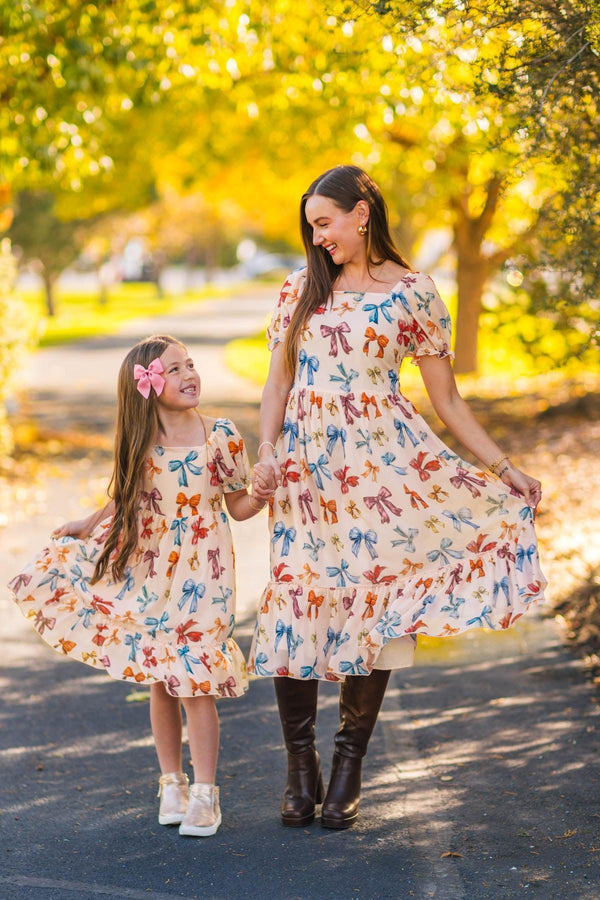 Mom & Me - Peachy Pink Bow Dress