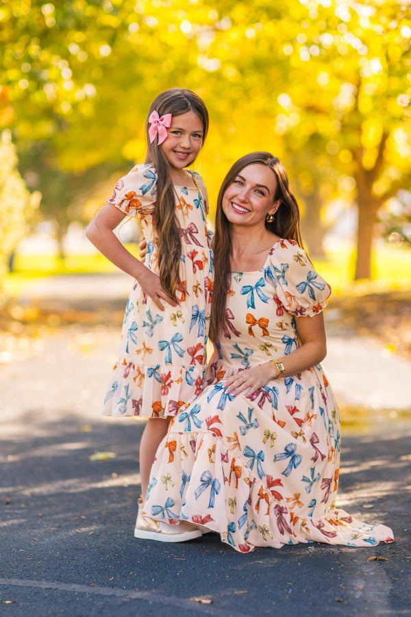 Mom & Me - Peachy Pink Bow Dress