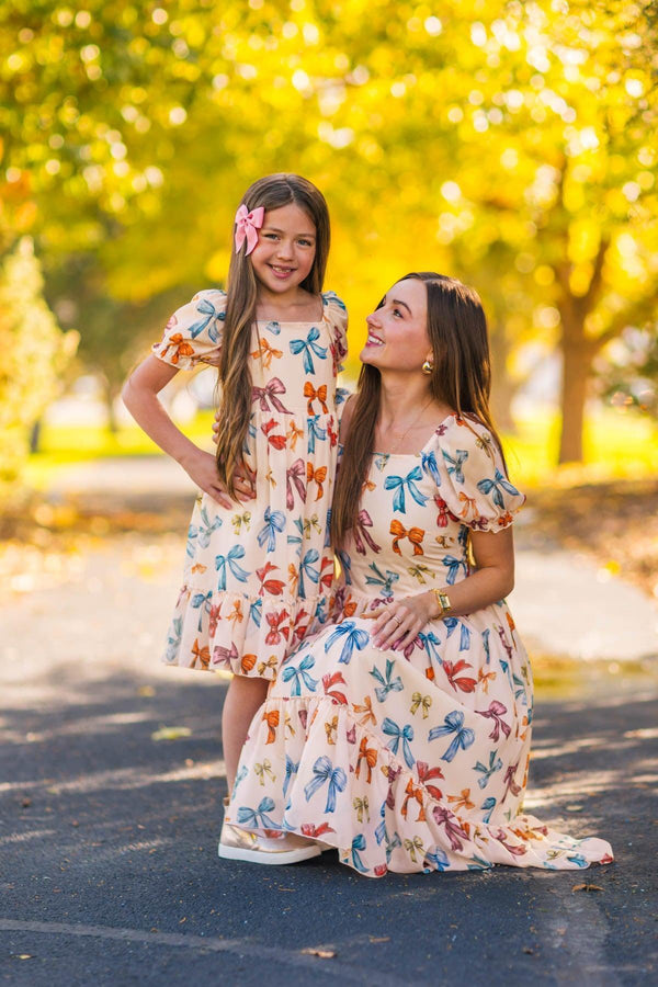 Mom & Me - Peachy Pink Bow Dress