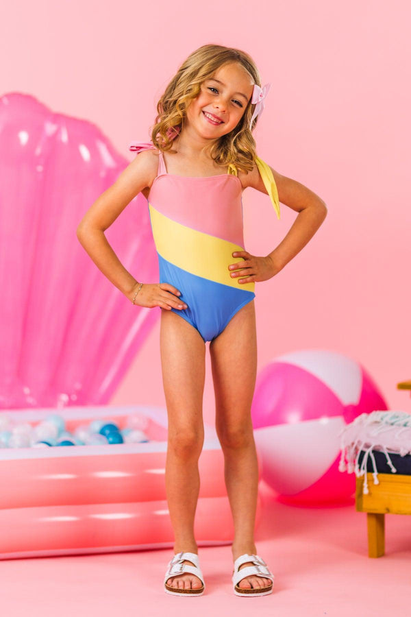Mom & Me - Pink Yellow & Blue Striped Swimsuit | Sparkle in Pink