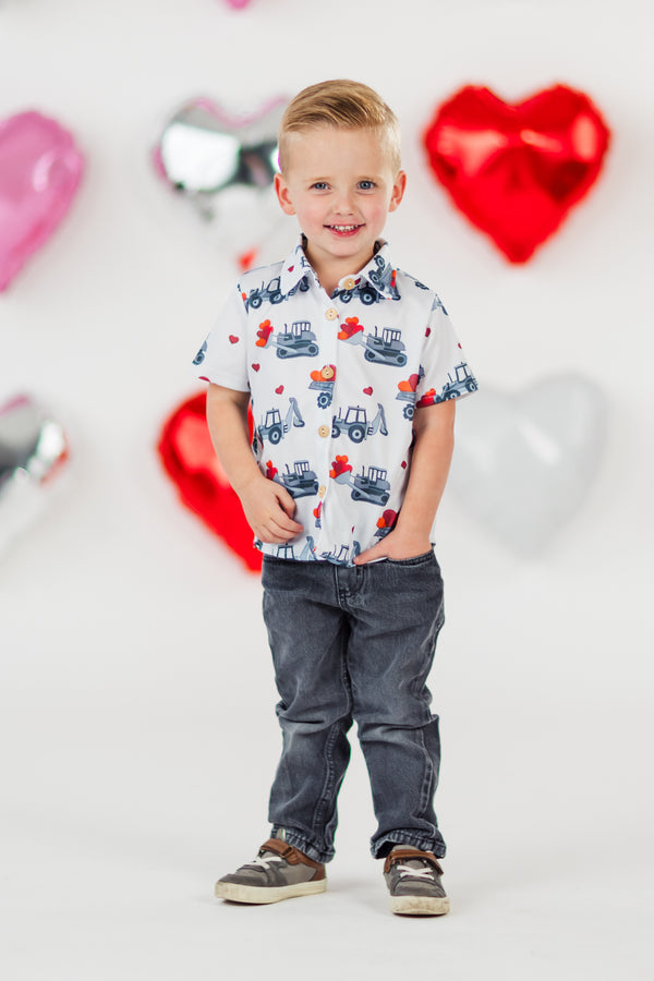 Tractor & Hearts Button Down | Sparkle in Pink