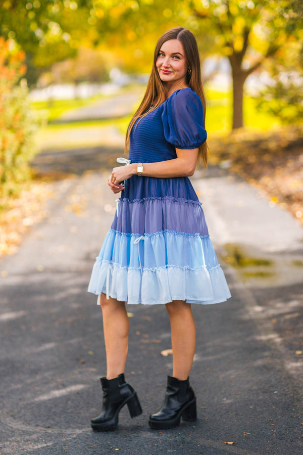 Mom & Me - Blue Ruffle Bow Dress