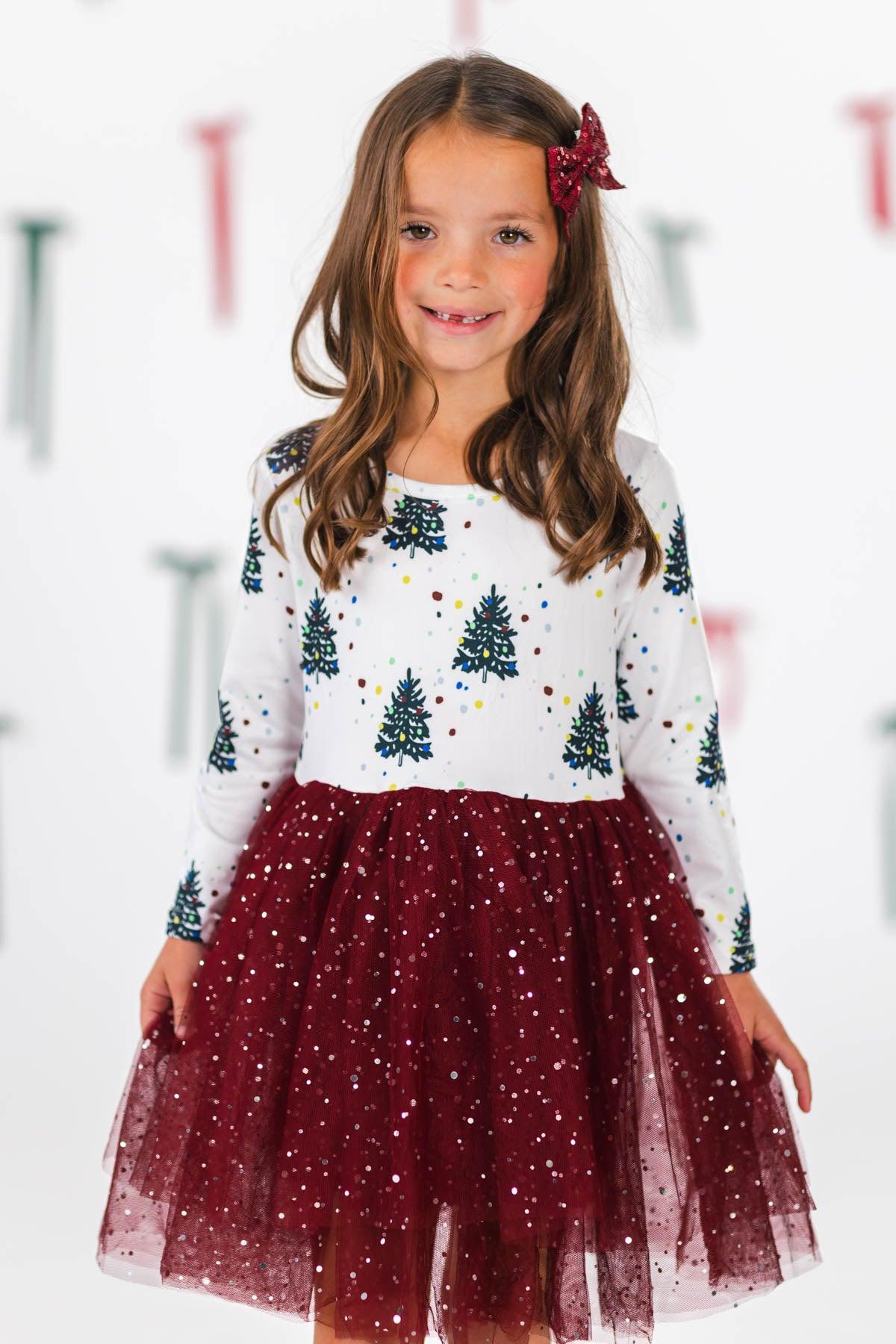 girls velvet christmas dress Burgundy Tree Tutu 3XS-6-12 Months Boho Dress | V-Neck bell sleeve dress Size:UK4 The dress is comfortable