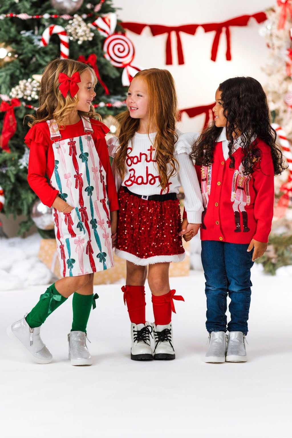 Christmas Bows Denim Overall Dress Set | Sparkle in Pink