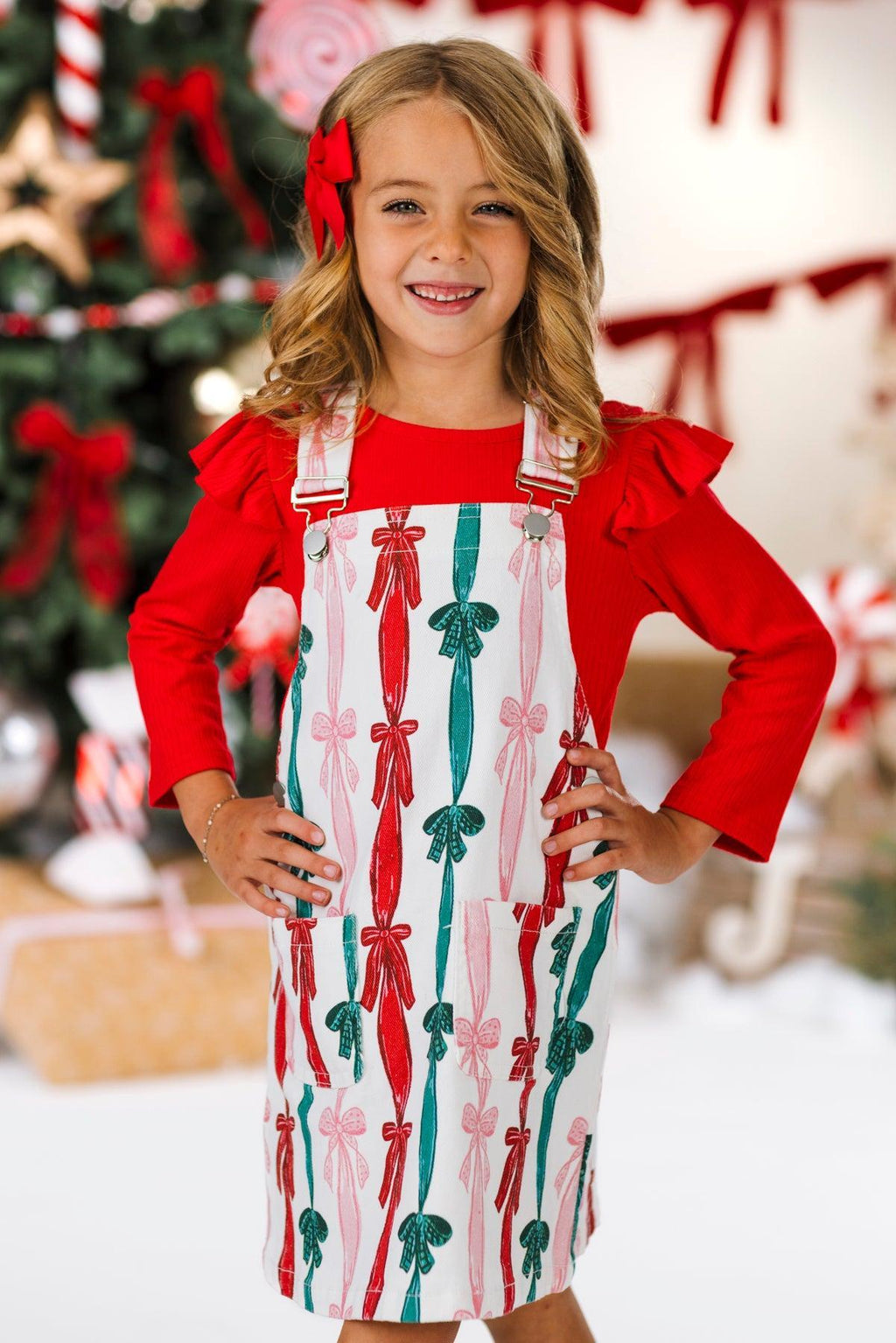 Christmas Bows Denim Overall Dress Set | Sparkle in Pink