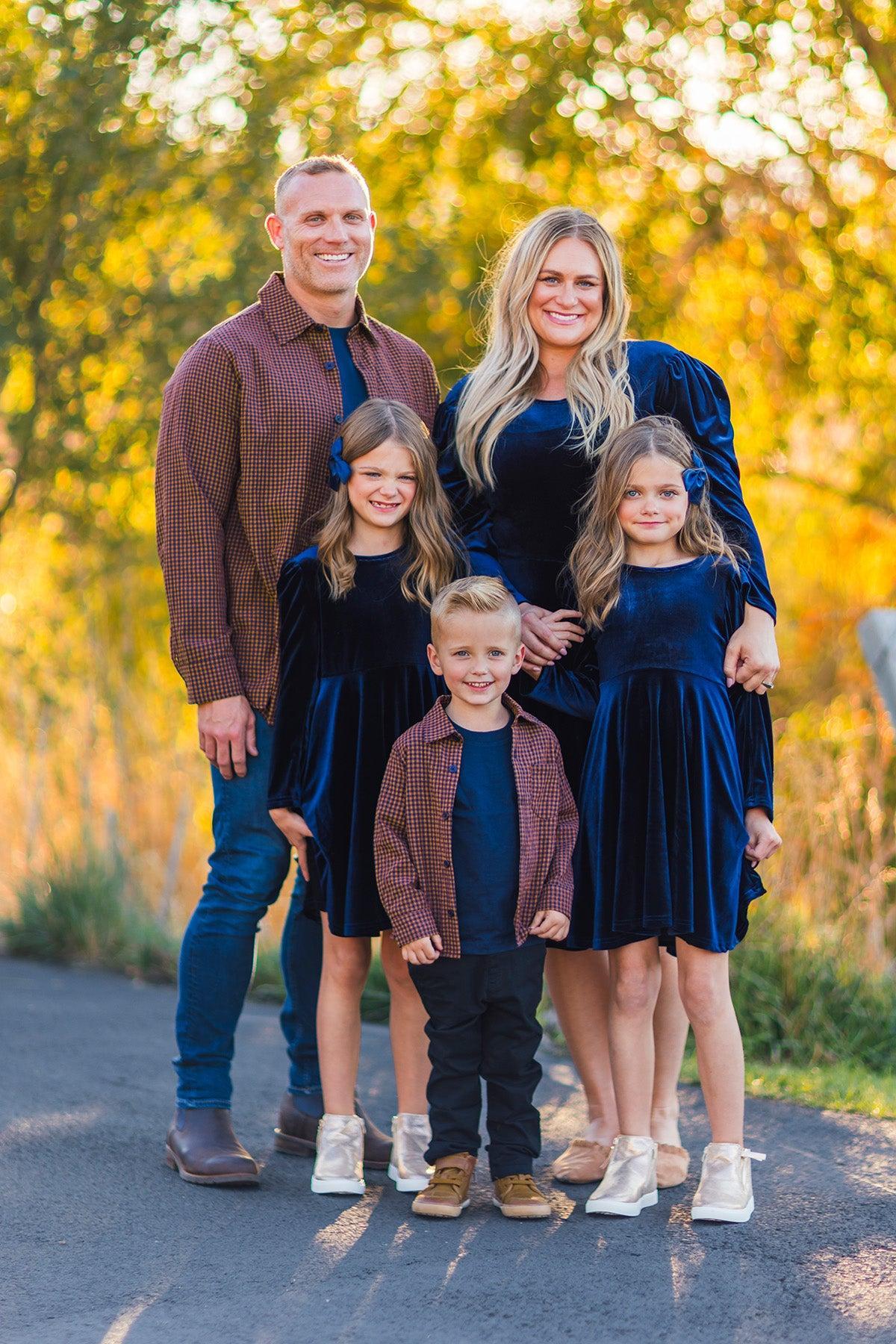 Family Navy Velvet Dress & Brown Gingham Button Down Family Navy Velvet Dress & Brown Gingham Button Down