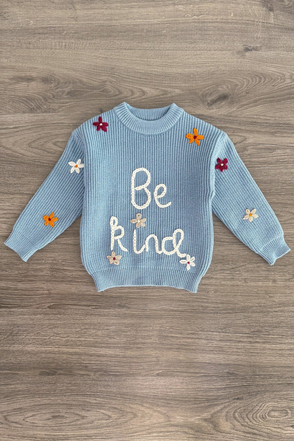 "Be Kind" Blue Floral Knit Sweater | Sparkle in Pink