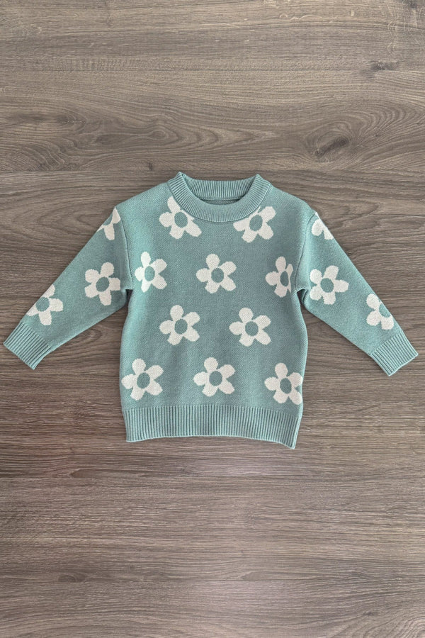 Teal Floral Sweater Denim Bell Bottom Set | Sparkle in Pink