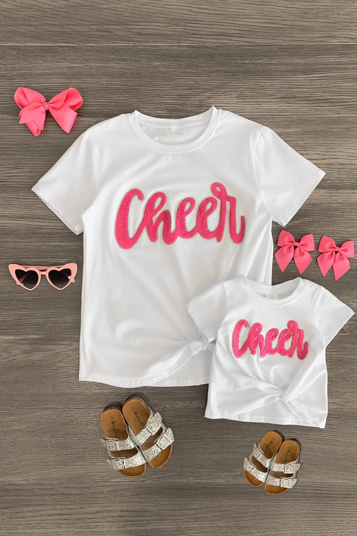 Mom & Me - "Cheer" Chenille Patch Short Sleeve Top - Sparkle in Pink