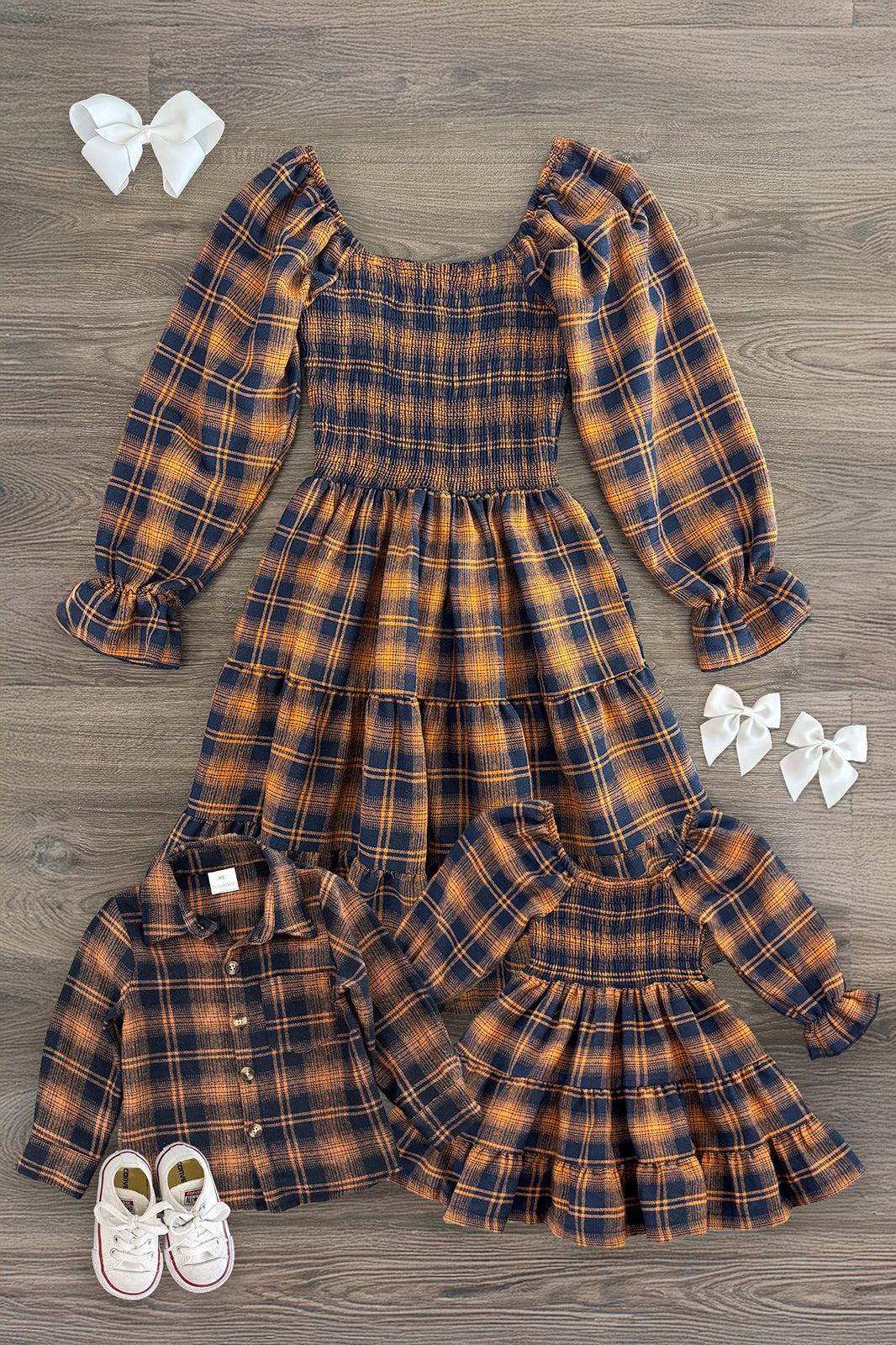Navy & Rust Plaid Dress & Shirt | Matching Mom & Me Clothing Sparkle In Pink Navy & Rust Plaid Dress & Shirt | Matching Mom & Me Clothing Sparkle In Pink