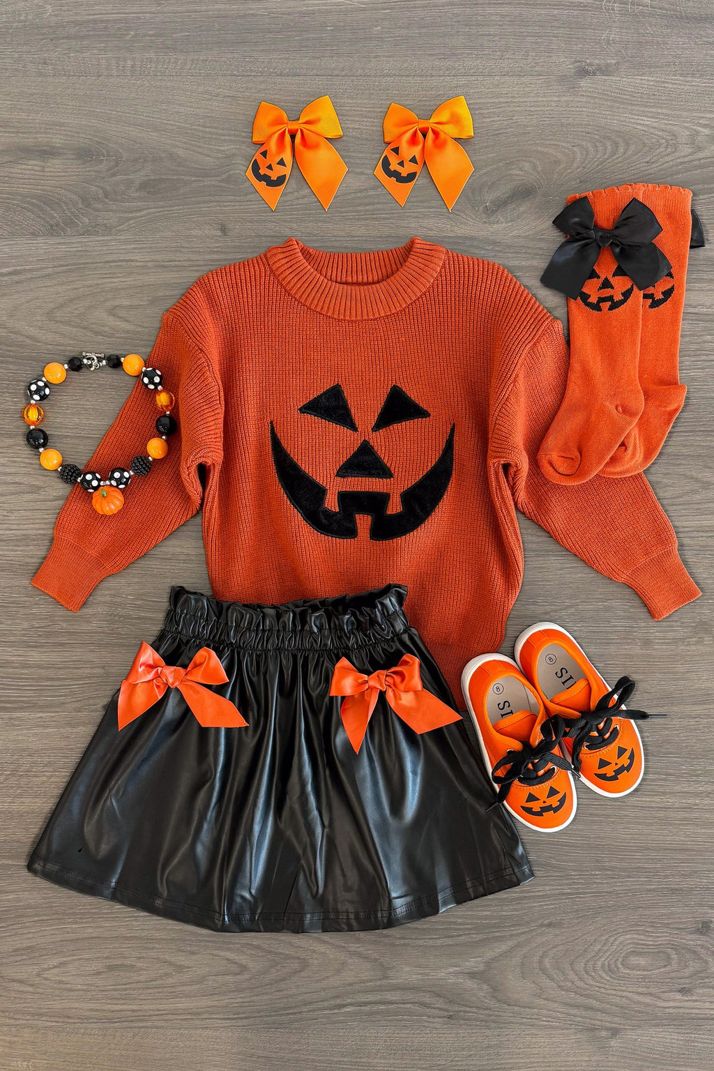 Jack-O'-Lantern Sweater Pleather Skirt Set | Sparkle in Pink