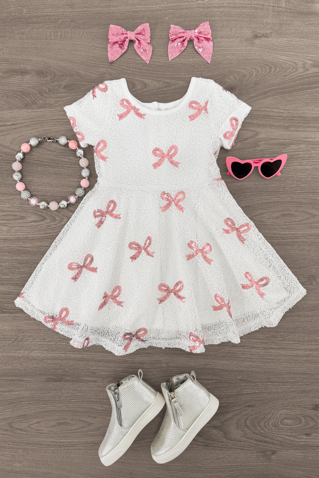 White & Pink Sequin Bow Dress XXL-7/8 Years White & Pink Sequin Bow Dress XXL-7/8 Years