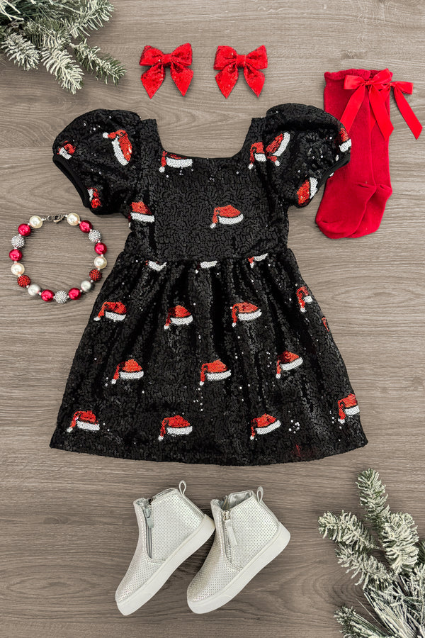 Black Sequin Santa Hat Dress | Sparkle in Pink