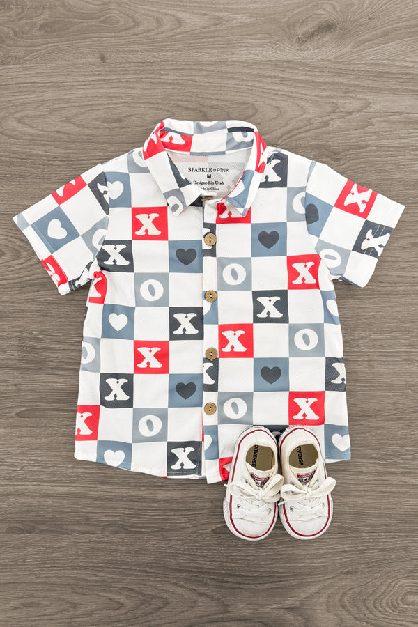"XOXO" Checkered Button Down | Sparkle in Pink