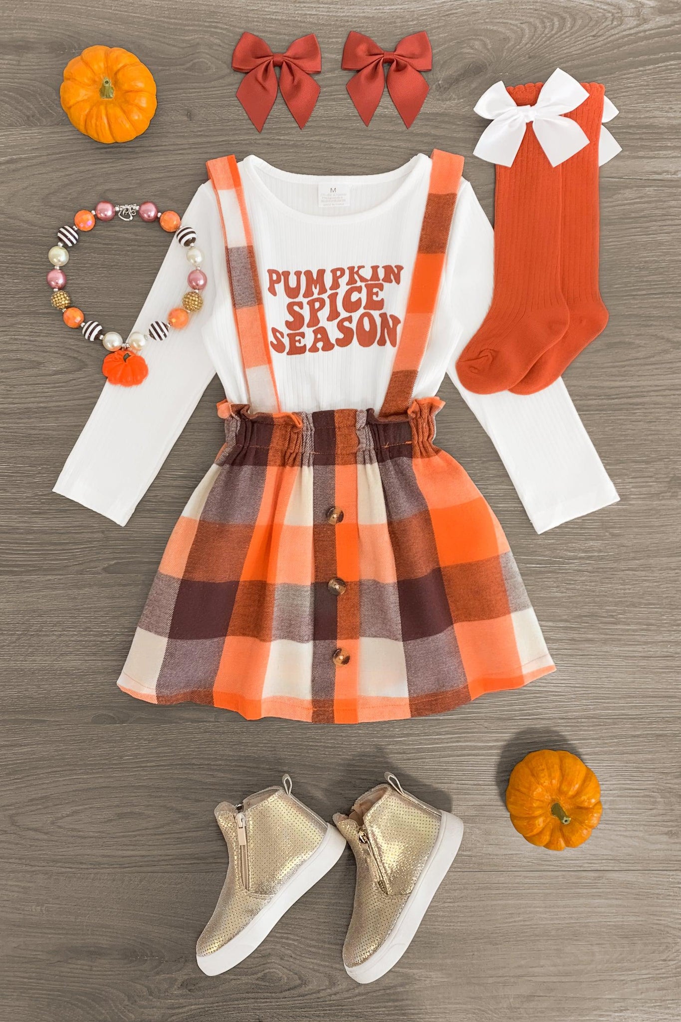 "Pumpkin Spice Season" Plaid Suspender Skirt Set - Sparkle in Pink