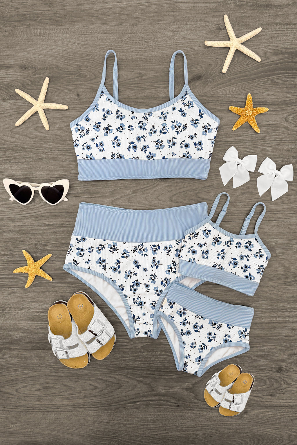 Mom & Me - Blue & White Ribbed Floral Bikini | Sparkle in Pink