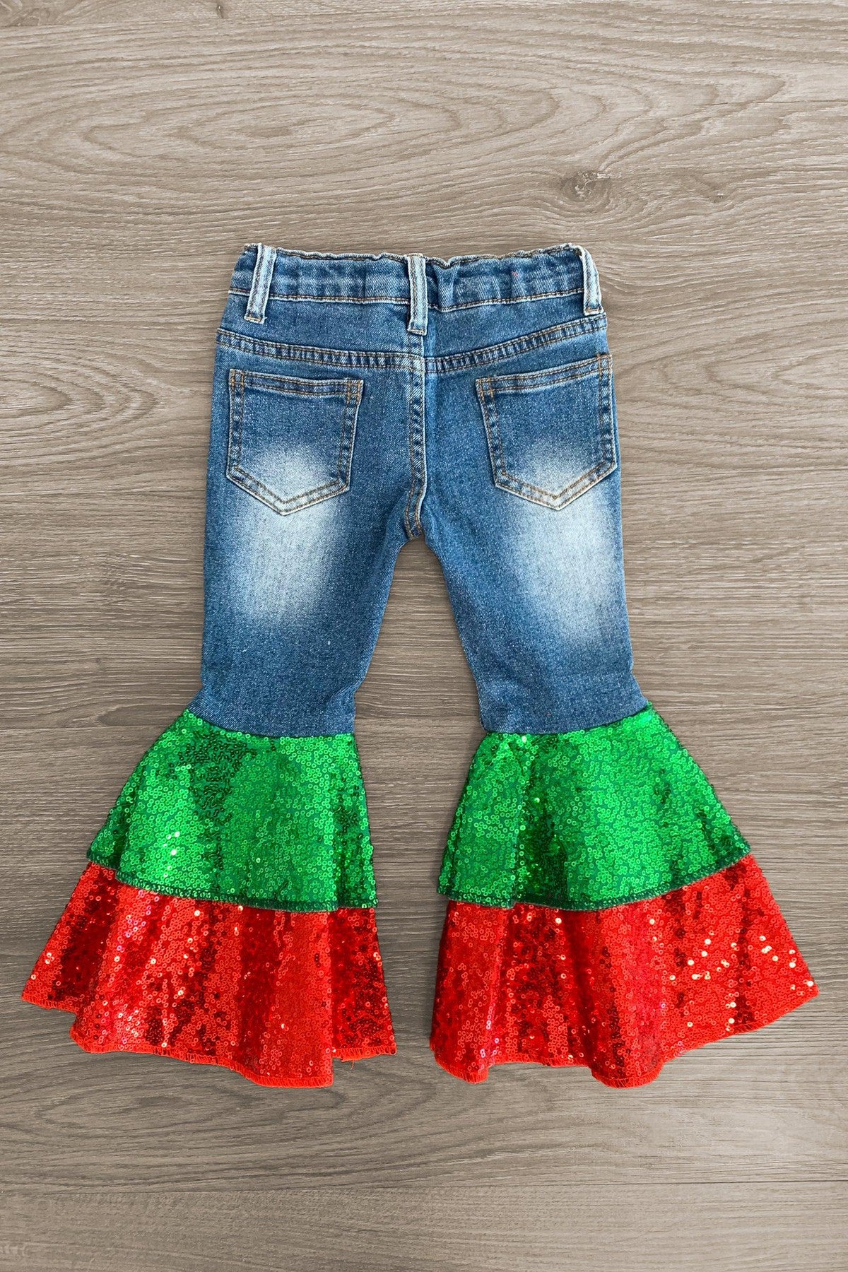 Red Green Sequin Denim Bell Bottoms Girls' Christmas Clothing