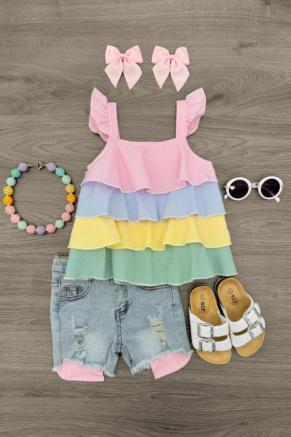 Striped Pastel Ruffle Denim Short Set | Sparkle in Pink