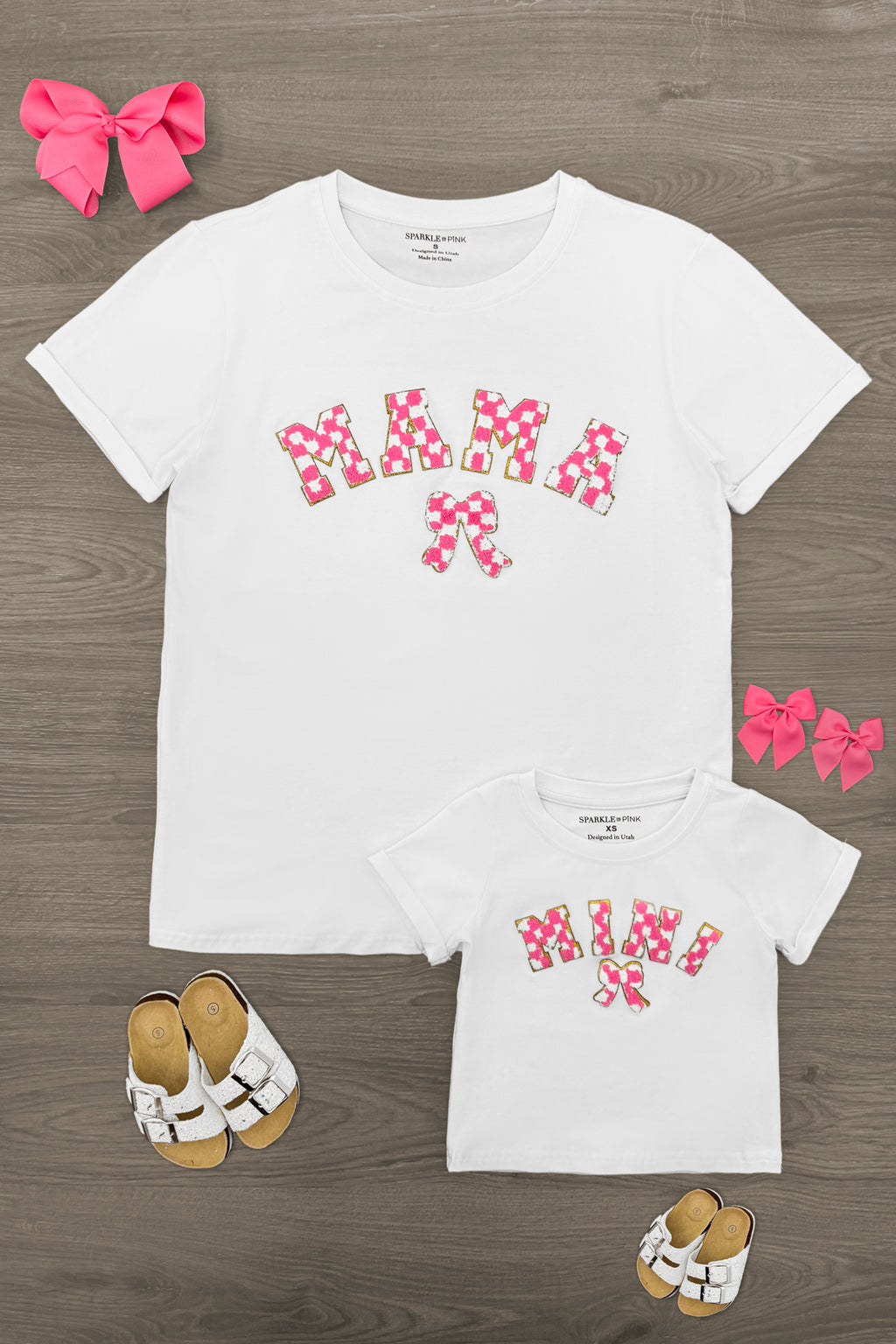 Mom & Me - "Mama & Mini" Checkered Chenille Patch Top | Sparkle in Pink