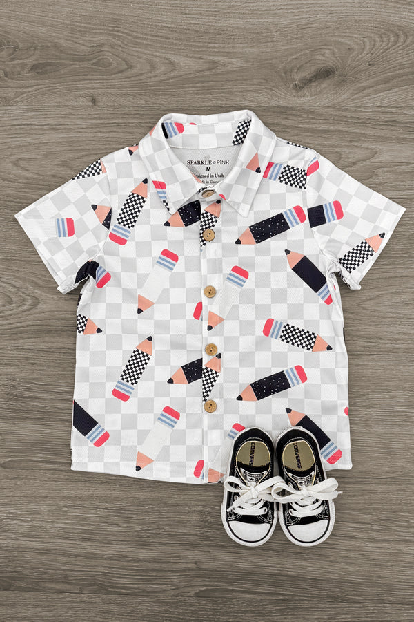 Checkered Pencil Button Down Top | Sparkle in Pink