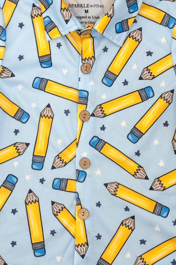 Blue Pencil & Star Button Down Top | Sparkle in Pink
