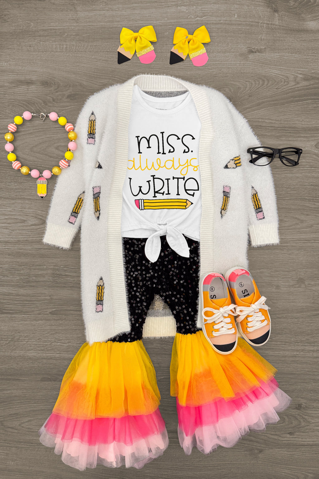 "Miss Always Write" Sequin Bell Bottom Set | Sparkle in Pink