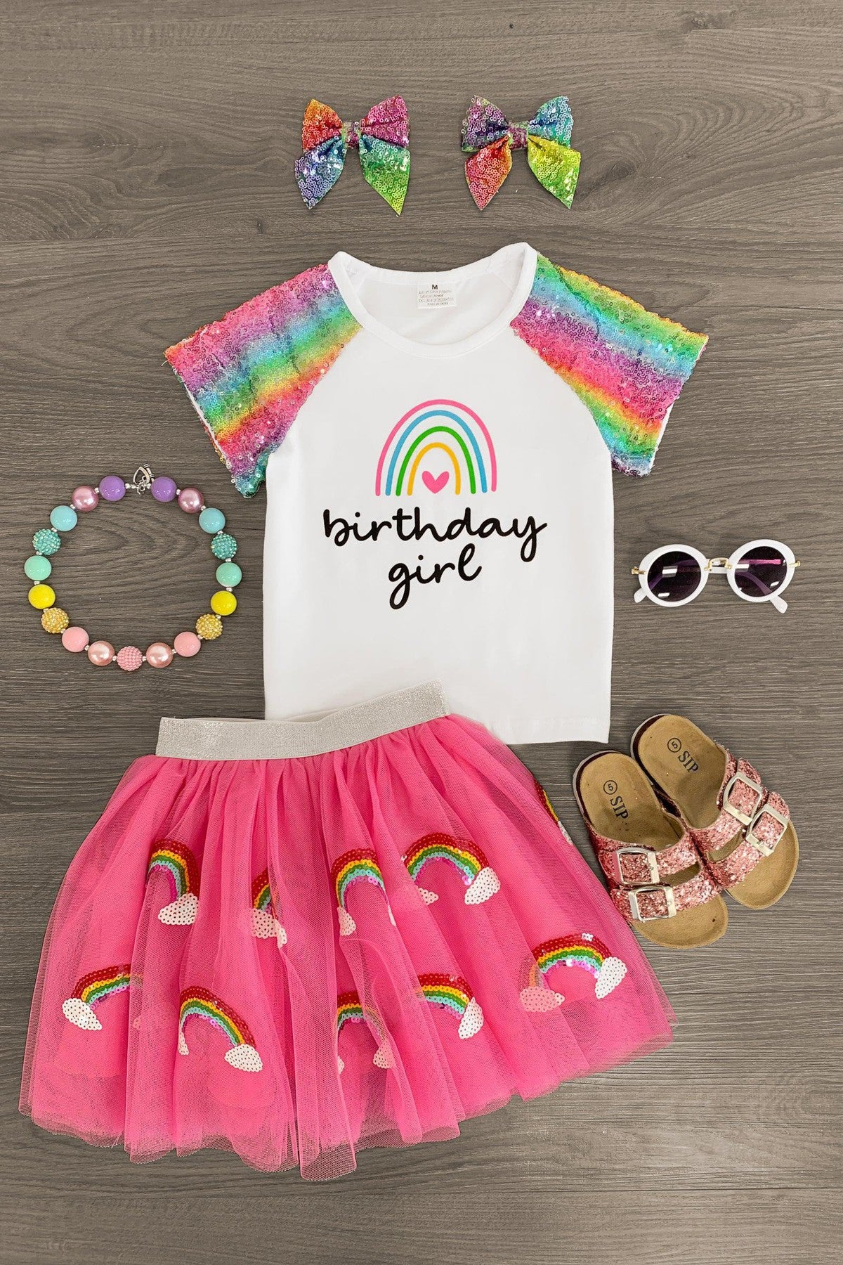 "Birthday Girl" Pink Rainbow Sequin Tutu Skirt Set - Sparkle in Pink