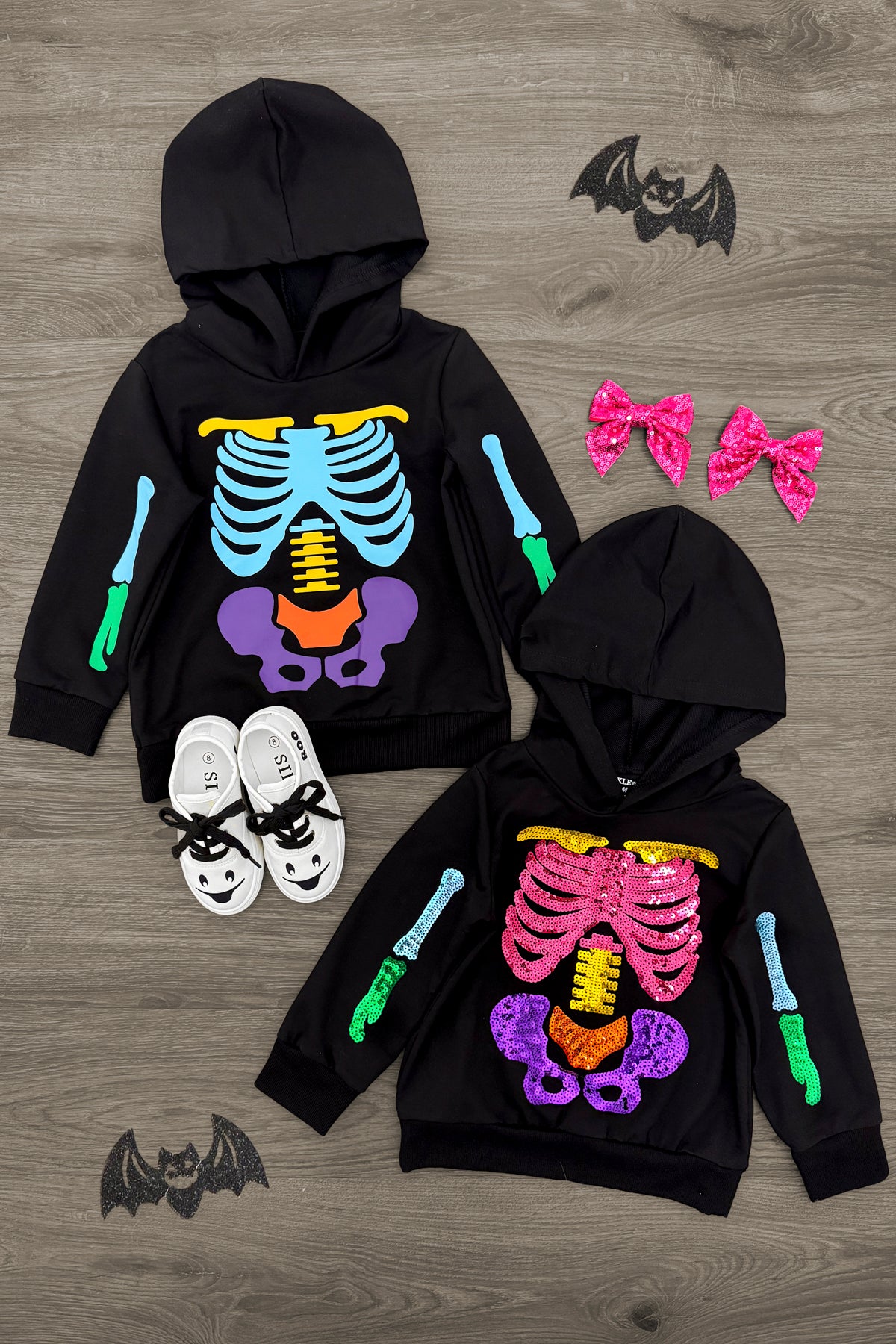Halloween Boys Girls Black Skeleton Bone Hooded Skull Sweatshirt Set With Kangaroo Pocket 10 Years