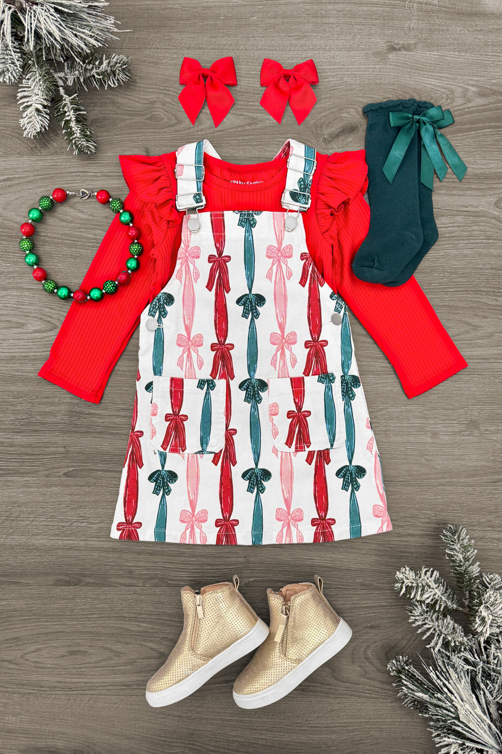 Christmas Bows Denim Overall Dress Set | Sparkle in Pink