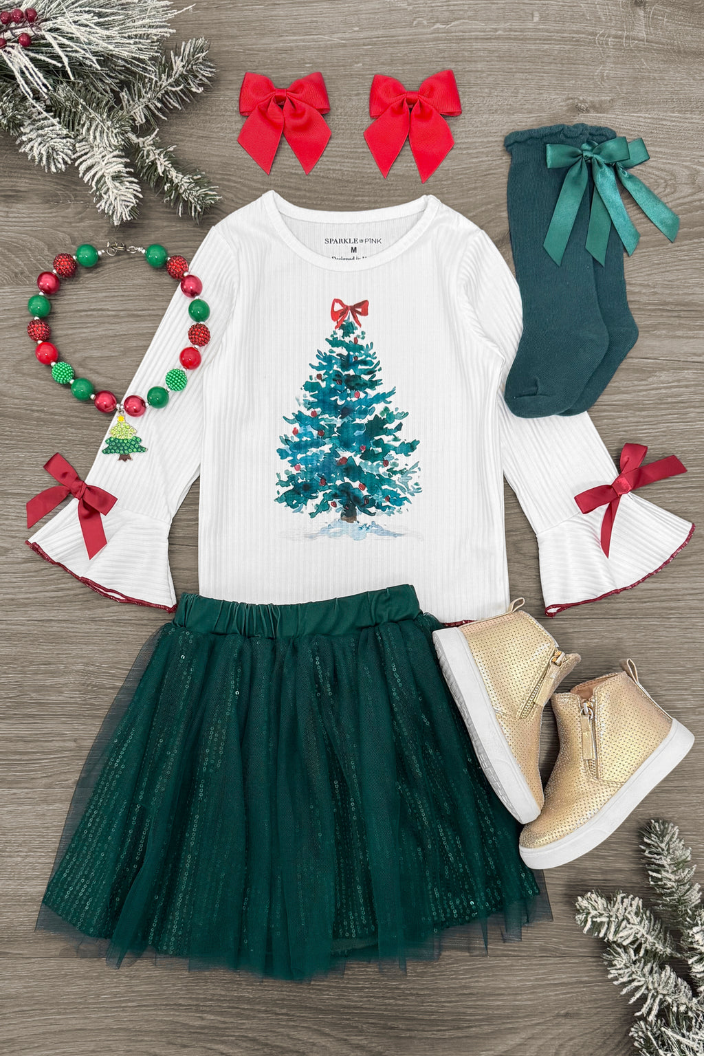Green Christmas Tree Sequin Tutu Skirt Set | Sparkle in Pink