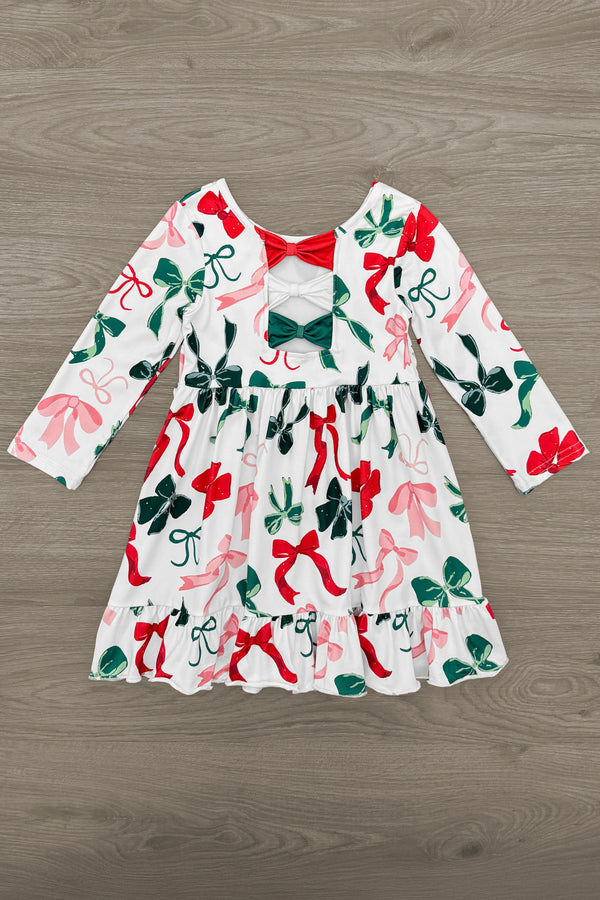 Long Sleeve Christmas Bows Dress | Sparkle in Pink