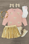Gold Sequin Bow Skirt Set | Sparkle in Pink