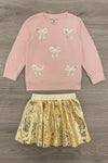 Gold Sequin Bow Skirt Set | Sparkle in Pink