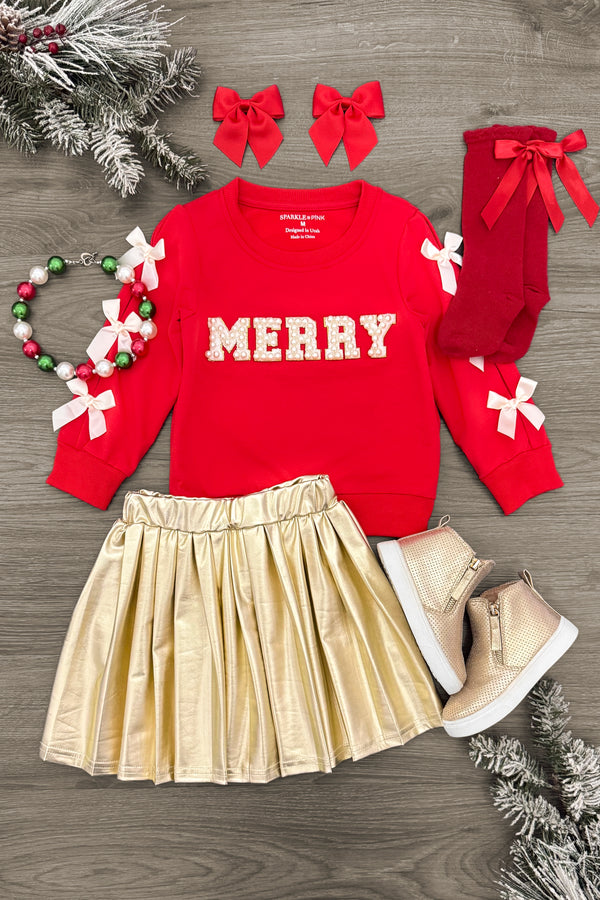 "Merry" Pearl Bow Metallic Skirt Set | Sparkle in Pink
