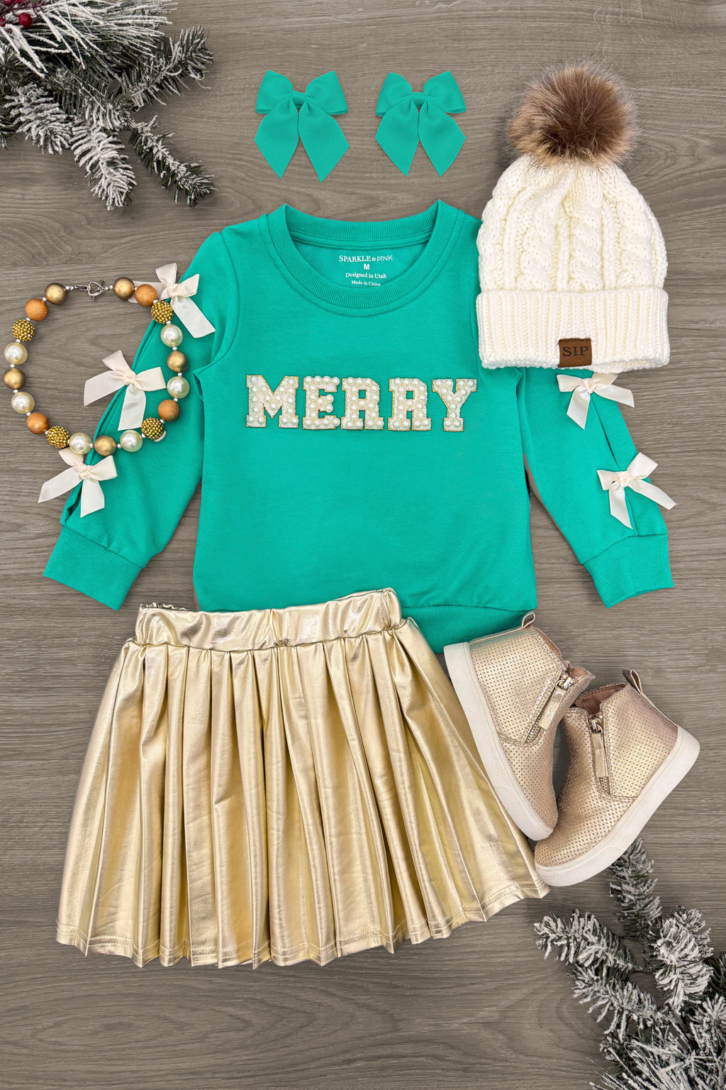 "Merry" Pearl Bow Metallic Skirt Set | Sparkle in Pink