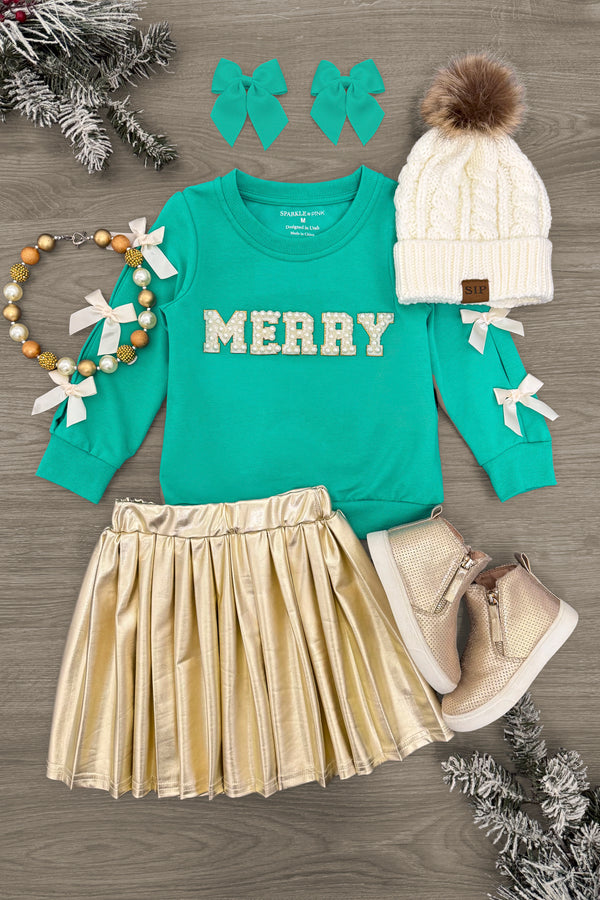 "Merry" Pearl Bow Metallic Skirt Set | Sparkle in Pink
