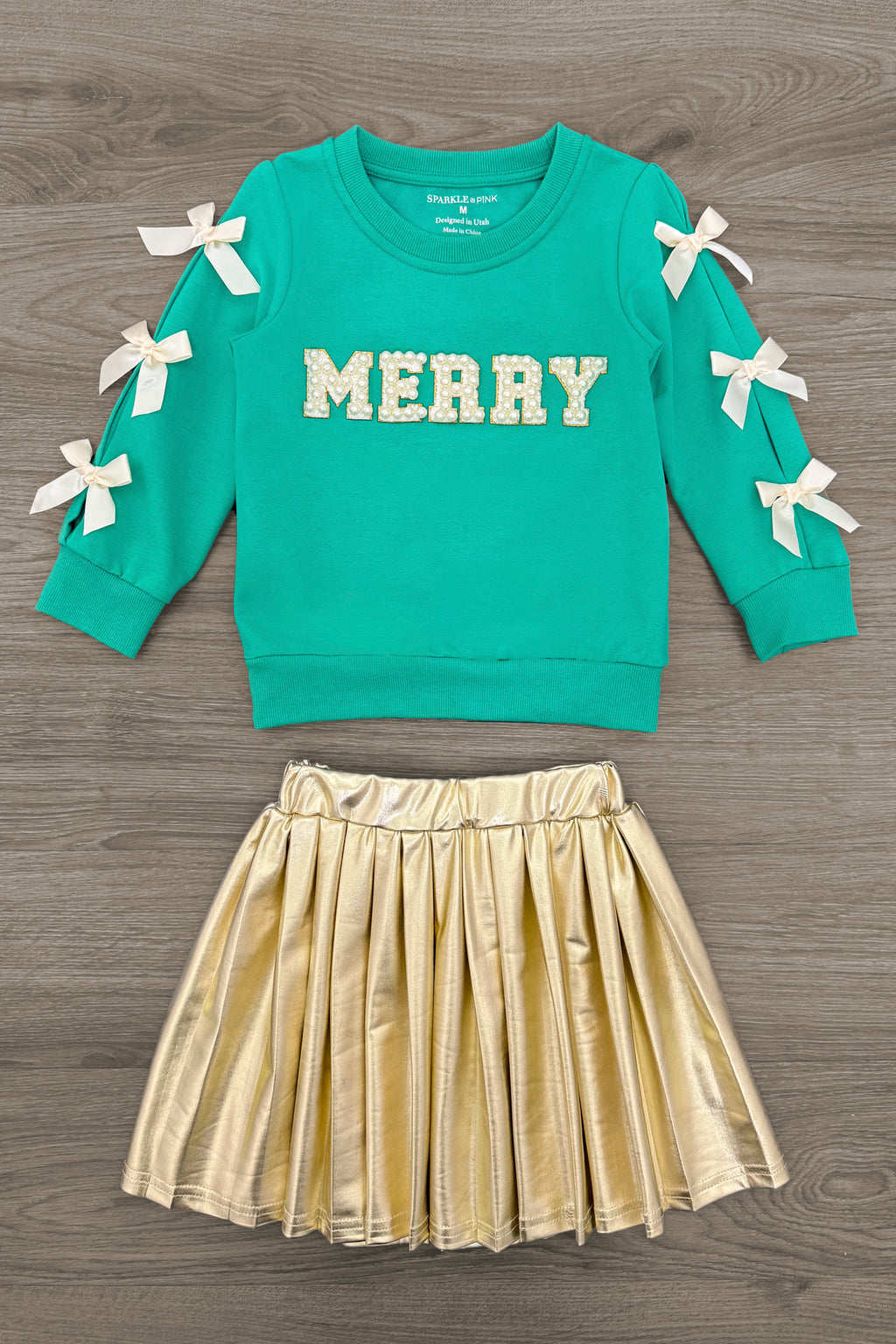 "Merry" Pearl Bow Metallic Skirt Set | Sparkle in Pink