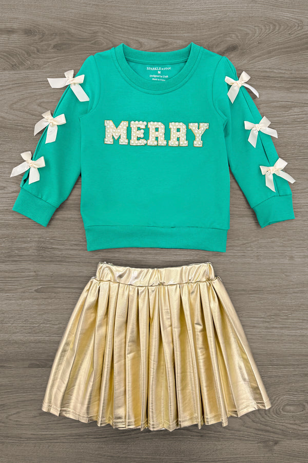 "Merry" Pearl Bow Metallic Skirt Set | Sparkle in Pink